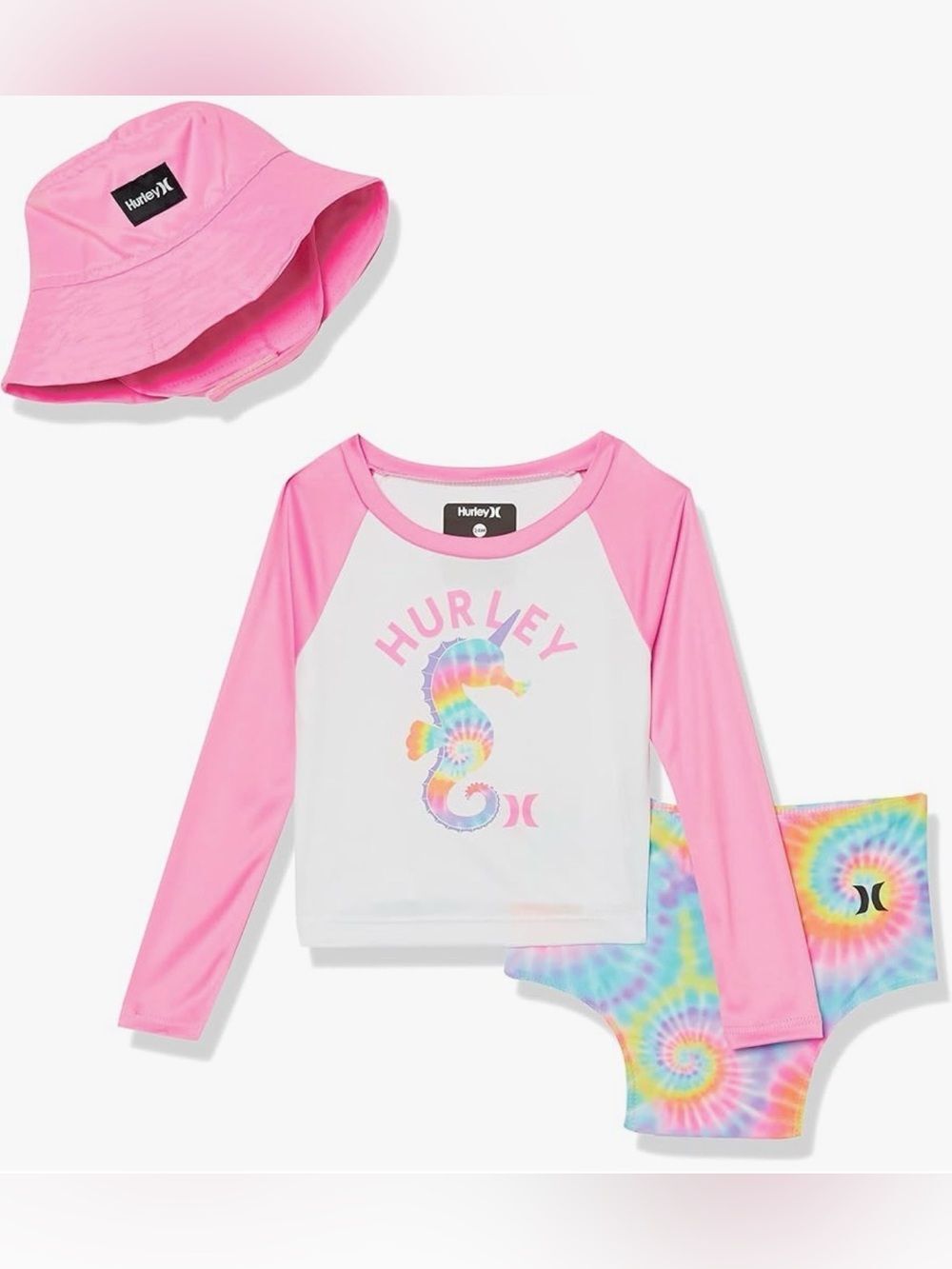 Hurley Toddler Girls' Pink Seahorse Rash Guard Set Tie-Dye Bottoms & Hat, NWT